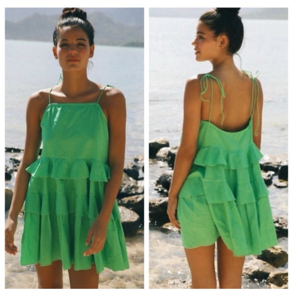Cousin The Label Babydoll Mini Dress Green Tiered Ruffled Linen Blend Size L